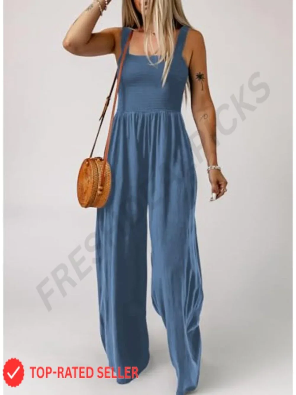 One Piece Sleeveless Wide Leg Jumpsuit Loose Fit Stretchy Polyester Casual